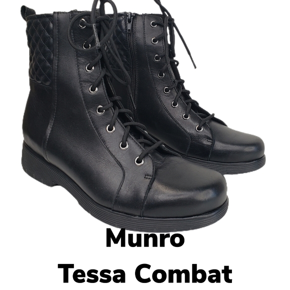 Munro Shoes - Munro Tessa Black Leather Ultra lite weight Quilted Lace Zip Combat Boots Sz 9M